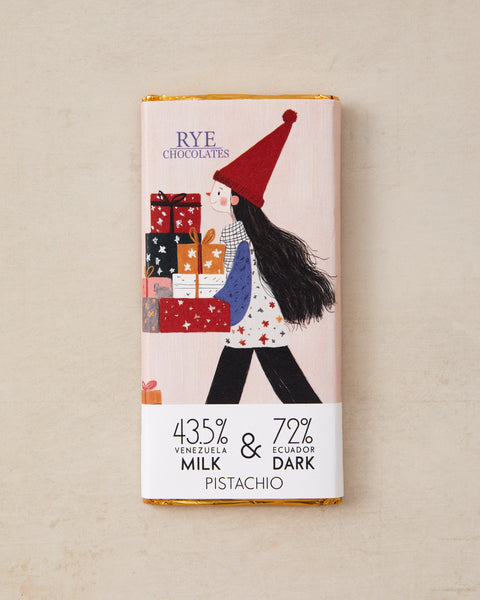 Festive Pistachio Chocolate Bar - blend of 43.5% Venezuelan milk & 72% Ecuadorian dark chocolate