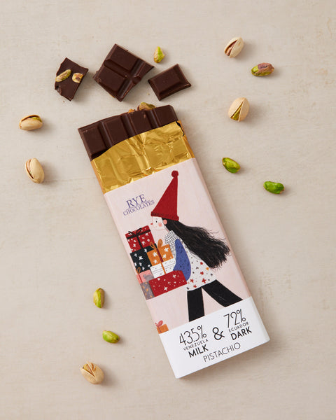 Festive Pistachio Chocolate Bar - blend of 43.5% Venezuelan milk & 72% Ecuadorian dark chocolate