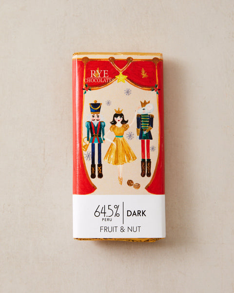 Fruit & Nut Dark Chocolate Bar - 64.5% Peruvian | festive wrapper