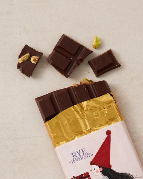 Festive Pistachio Chocolate Bar - blend of 43.5% Venezuelan milk & 72% Ecuadorian dark chocolate