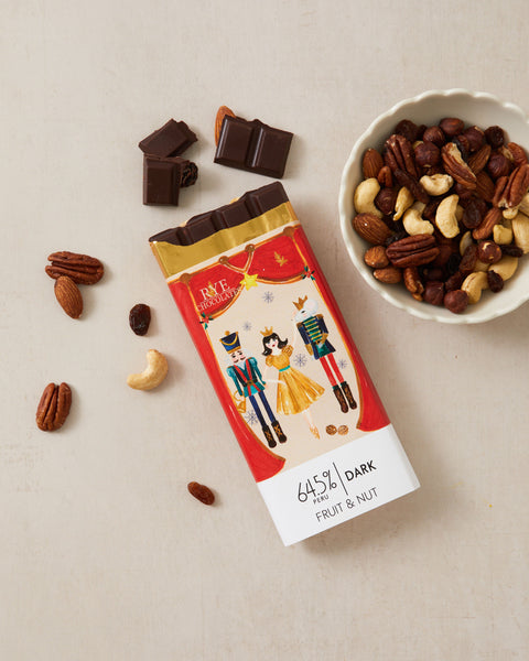 Fruit & Nut Dark Chocolate Bar - 64.5% Peruvian | festive wrapper
