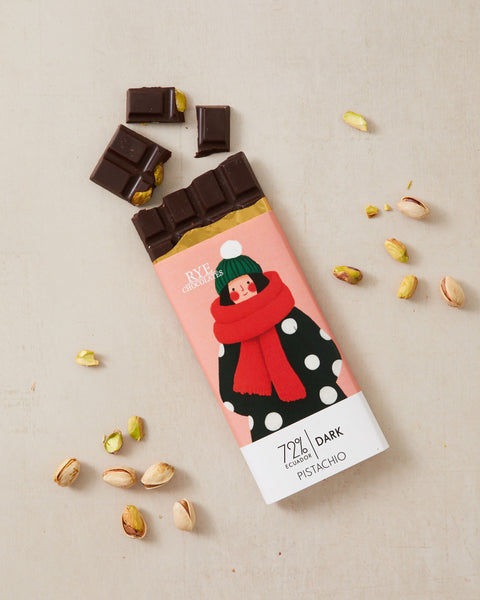 Pistachio Dark Chocolate Bar - 72% Ecuadorian | festive wrapper